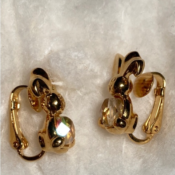 2/$20 VTG Avon Bunny Rabbit Clip-on Earrings w/ Aurora Borealis Crystal Belly - Picture 3 of 5